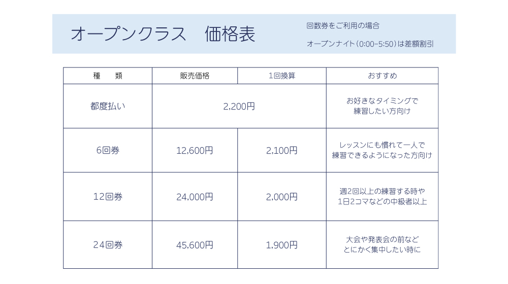 価格表　オープン